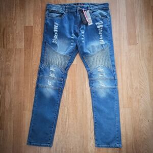 Generation XYZ Jeans Moto Biker Mens 38R Blue Distressed Ribbed Knee Stretch New